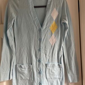 Light Blue Cardigan Sweater with Argyle Pattern